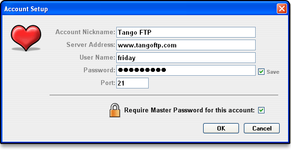 Tango FTP - Account Setup dialog box